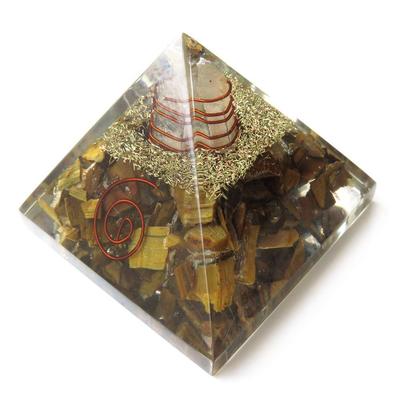 [GOLD STONE] Tiger Eye Orgonite Pyramid with Single Crystal Quartz, Spiritual Item, Approximately 55mm Wide
