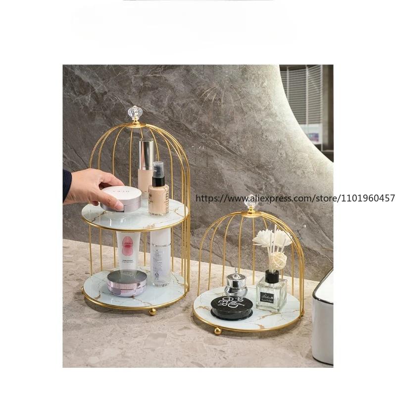 Gilding Marble Texture Storage Tray Round Glass Serving Trays Dresser Table Skincare Cosmetic Containers Jewelry Organizer Shelf