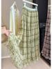 Elegant Pleated Plaid Lace Mesh Midi Skirt - Women's Spring/Summer Fashion