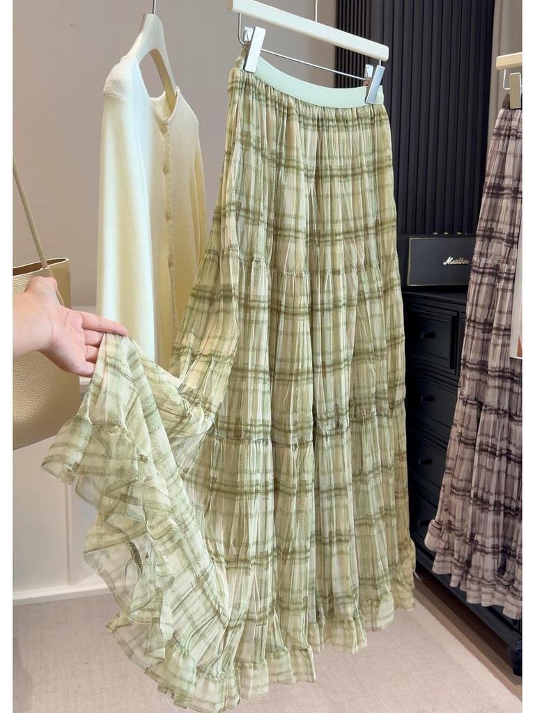 Elegant Pleated Plaid Lace Mesh Midi Skirt - Women's Spring/Summer Fashion