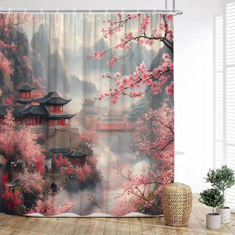 Japanese Style Landscape Shower Curtain Ink Mountain Cherry Blossom Pavilion Lake Asian Art Bath Curtains Home Bathroom Decor