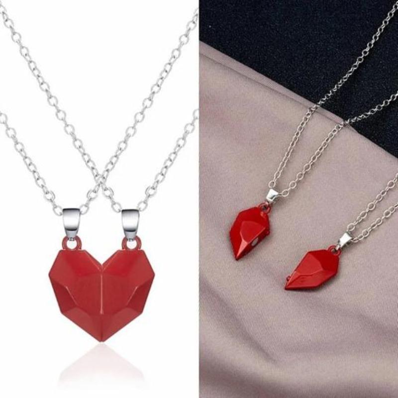 1 Pair Couple Matching Necklace Set Electroplated Alloy Magnetic Heart Shape Pendant Romantic