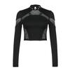Gothic Black Crop Top Chic See Through Mesh Patchwork Full Sleeve Skinny Basic T-shirt Women Punk Style Stitched T-Shirts