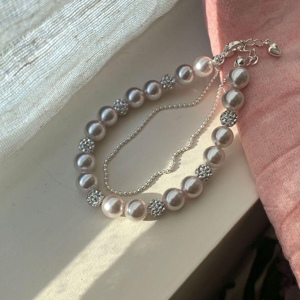 Charm Pearl Crystal Bracelet Shining Zircon Double Layer Bracelet Sweet Beaded Hand Bangle  Party