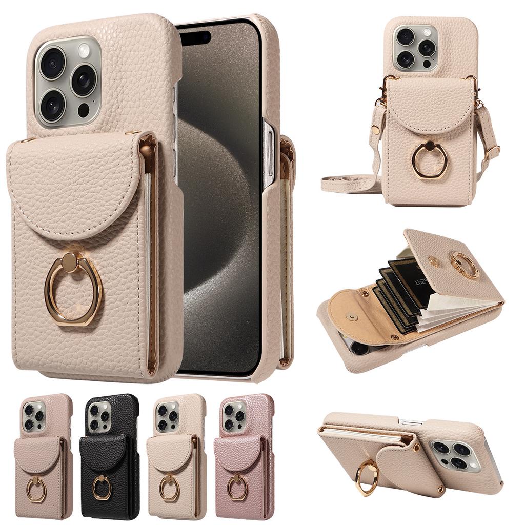 Litchi Texture Wallet Case for iPhone 16 Pro Max/15 Plus, Rugged Shockproof Cover with Card Holder & Ring Kickstand, Heavy Duty Protective Case
