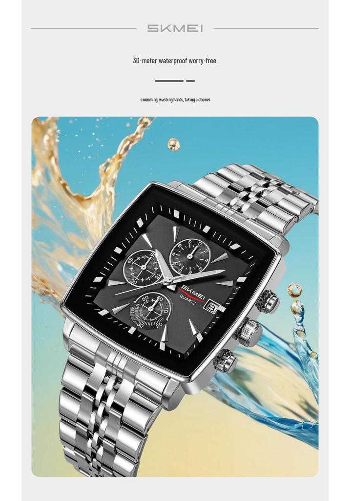 Shike Mei Men's Multifunctional Chronograph Watch - Waterproof, Luminous, Calendar, Steel Strap.