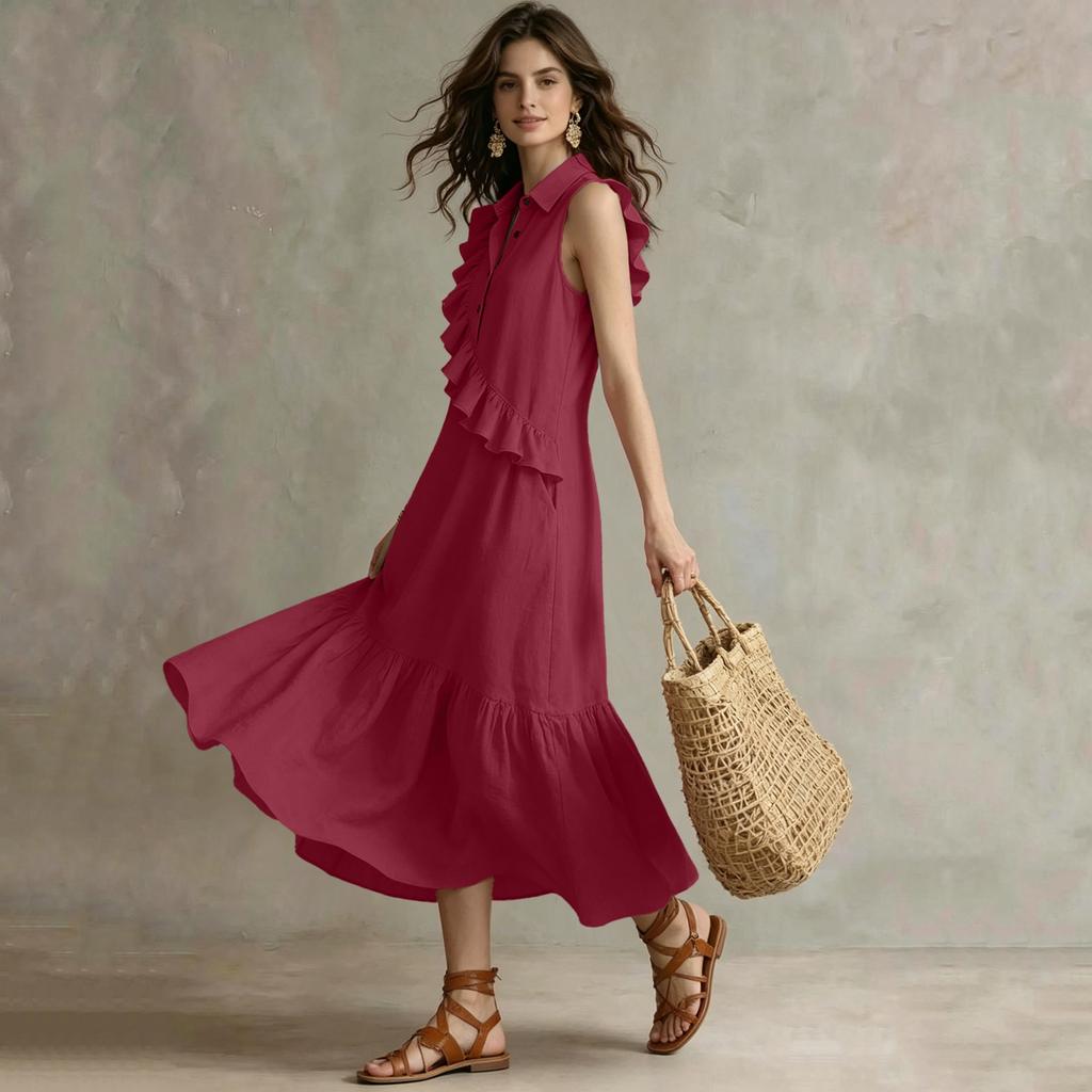 Women's Sleeveless V Neck Vintage Ruffle Midi Dress Casual Solid Relaxed Fit Summer Sundress for Daily Wear Vacation
