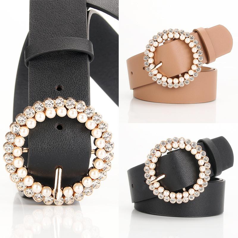 Ladies Pu Leather Pearl Belt With Alloy Buckle For Elegant Dress Outfit