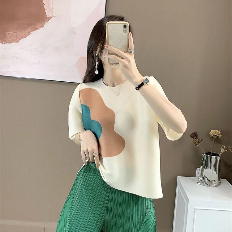 

Летняя повседневная модная свободная футболка с коротким рукавом, простая модная свежая футболка, новая тонкая футболка с круглым вырезом и принтом, женская одежда XXXL абрикосовый