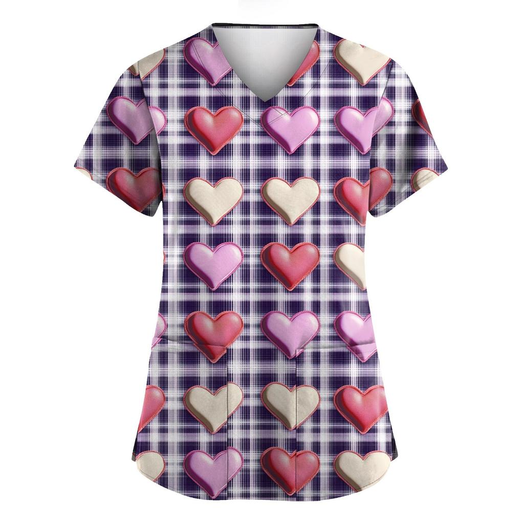 Women's Valentine's Day Printed  Uniform Work Uniform V-Neck Pocket Protective Uniform