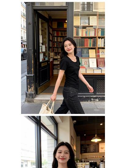 Women's Slim Fit Pure Cotton White Short-Sleeve T-Shirt - Round Neck, Versatile Basic Summer Top