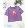 Summer Cotton Crop Tops Women Sweet Cherry Prints Washed T-Shirt Distressed Regular Fit O-Neck Streetwear Clothes