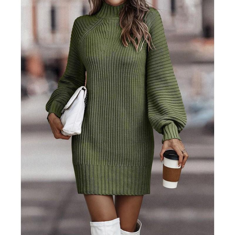 Womens Solid Color High Neck Long Sleeve Knit Sweater Dress Regular Fit Elegant Office Style