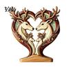 Creative Animal Love Silhouette Wooden Ornament with Stable Base, Double Layer Carved Figurine, Solid Wood Holiday Table Decor Heart Shape Sculpture