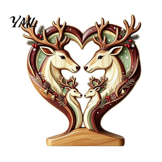 Creative Animal Love Silhouette Wooden Ornament with Stable Base, Double Layer Carved Figurine, Solid Wood Holiday Table Decor Heart Shape Sculpture