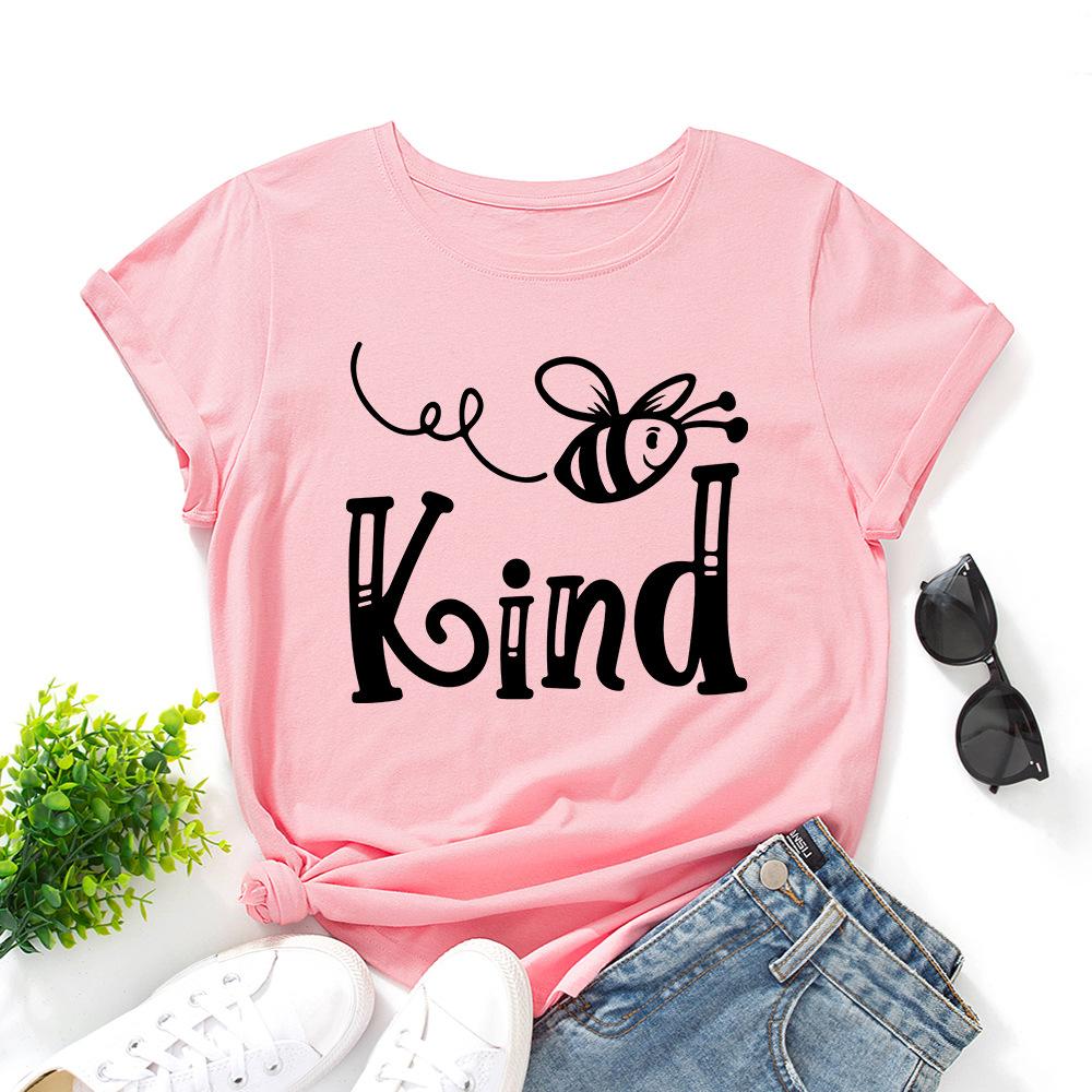 Bee Kind Pattern Cotton T-Shirt Short Sleeve Round Neck Women 2d Print Tops