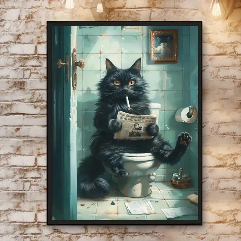 Art Quote You Are Pooping Black Cat Kitten Reading Newspaper In Toilet Funny Animal Poster Retro Art Living Room Decoration