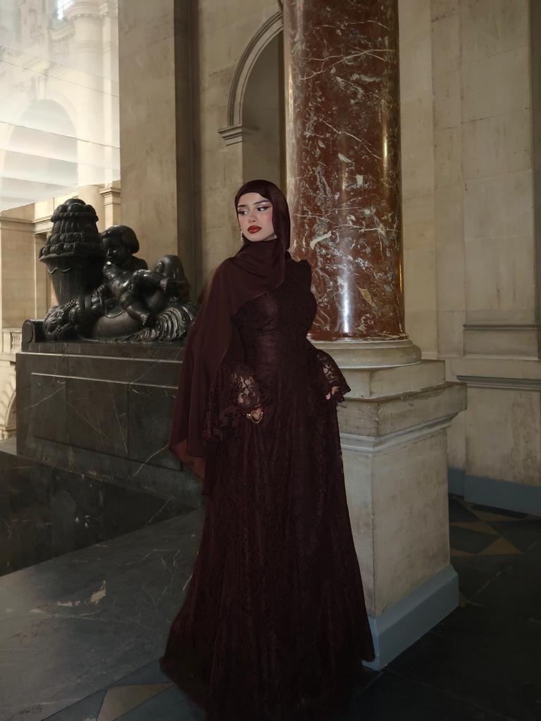 Xijun Luxury Brown Long Prom Dresses A-Line Lace Pleated Evening Dresses Full Sleeves Scarf Formal Prom Gowns Women Customized