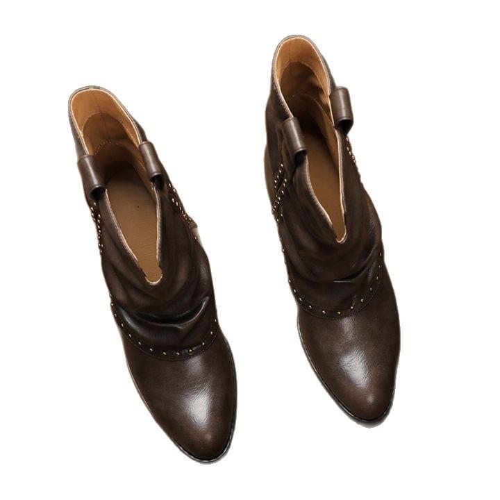 2025 autumn and winter Spice Girls retro pointed riveted short boots trouser boots western boots fashion absolutely pure thick heel Martin boots