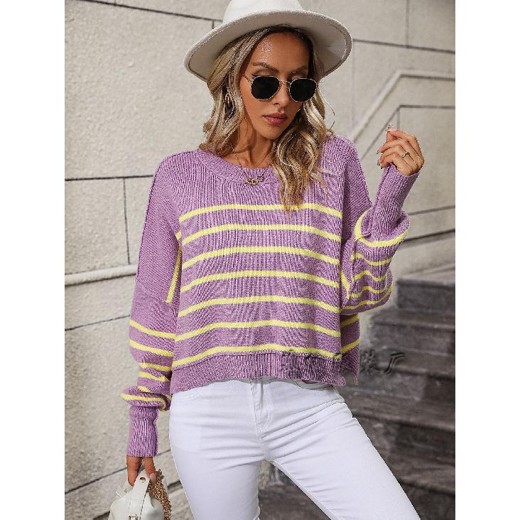 2024 Autumn And Winter New European And American Round Neck Women'S Knitted Sweater Loose Pullover Striped Sweater