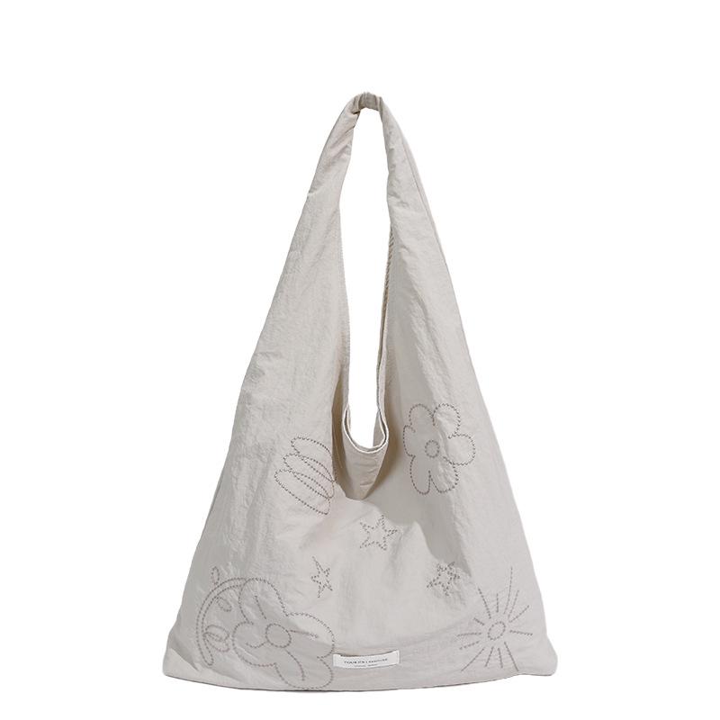 Korean Style Embroidered Floral Fabric Shoulder Bag - Large Capacity for Women