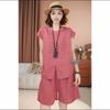 Solid Color Linen Summer Suit: Trendy Round Neck T-shirt + Shorts Two-Piece Set for Moms.