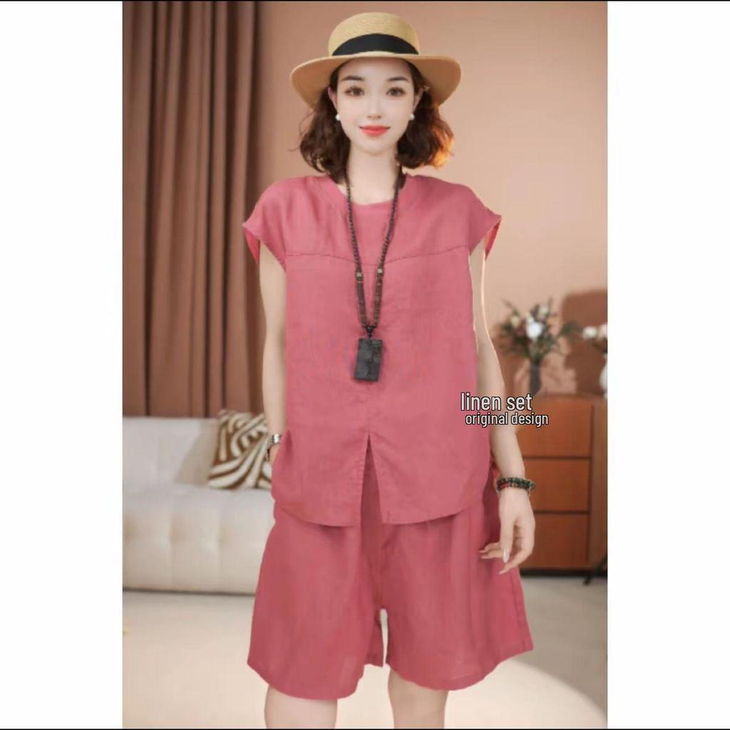 Solid Color Linen Summer Suit: Trendy Round Neck T-shirt + Shorts Two-Piece Set for Moms.