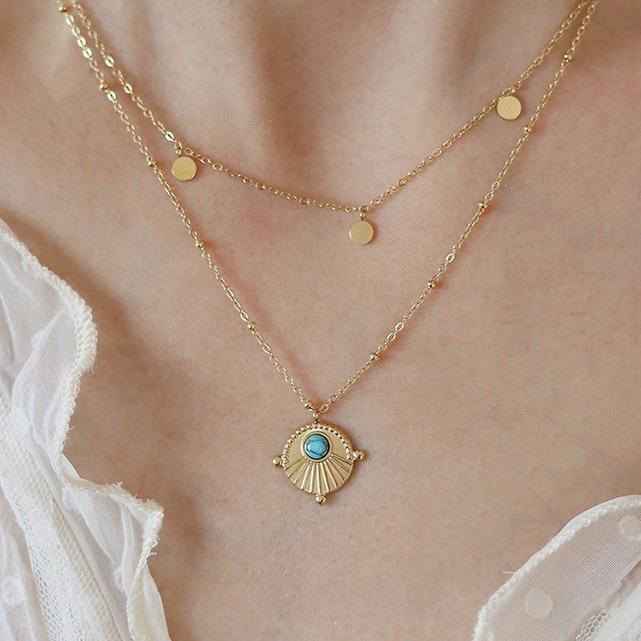 Bohemian Double Layer Necklace: 18K Gold-Plated S925 Silver with Turquoise Inlaid Round Pendant and Retro Court Phoenix Design. 925 Silver золотой