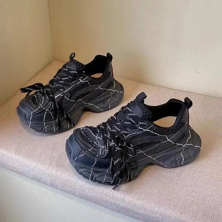 Casual Sneakers Women Chunky Sneakers Leather Mesh Mixed Colors Daddy Shoes Trainers Lace-up Ladies Shoes Handmade 40
