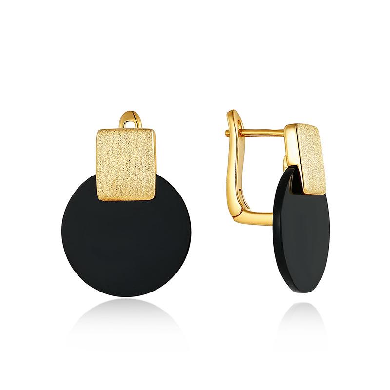 S925 Sterling Silver Black Agate Stud Earrings with Simple Brushed Finish