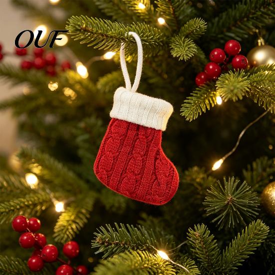 Cute Mini Christmas Pendants Knitted Stocking Ornaments, Knit Xmas Tree Hanging Decor, Small Red White Striped Ornaments for Tree, Mantel, Doorway