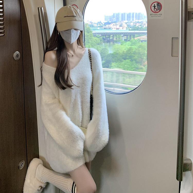 Damen Herbst Schulterfreier V-Ausschnitt Pullover – Sanft, Locker, Langärmiges Weißes Strickoberteil