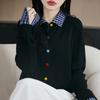 Spring New Checkered Lapel Knitted Cardigan with Colorful Buttons, Loose and Versatile Top Coat