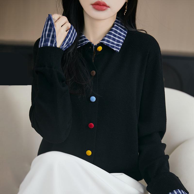 Spring New Checkered Lapel Knitted Cardigan with Colorful Buttons, Loose and Versatile Top Coat
