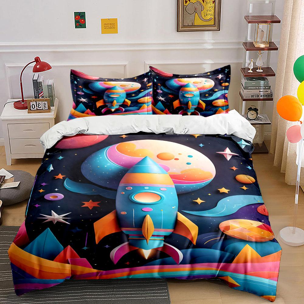 Bunte Rakete und Planeten. Bettwäsche-Sets Bettbezug-Sets Bettbezüge Kissenbezüge(1 * Bettbezug 2 * Kissenbezüge ohne Bettdecke)