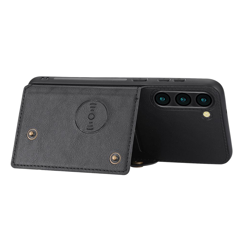 Für Samsung Galaxy S23 Hülle mit doppeltem Knopf und Kartenhalter, PU-Lederbeschichtetes TPU, mit Ständer und Metallplatte für Kfz-Halterung