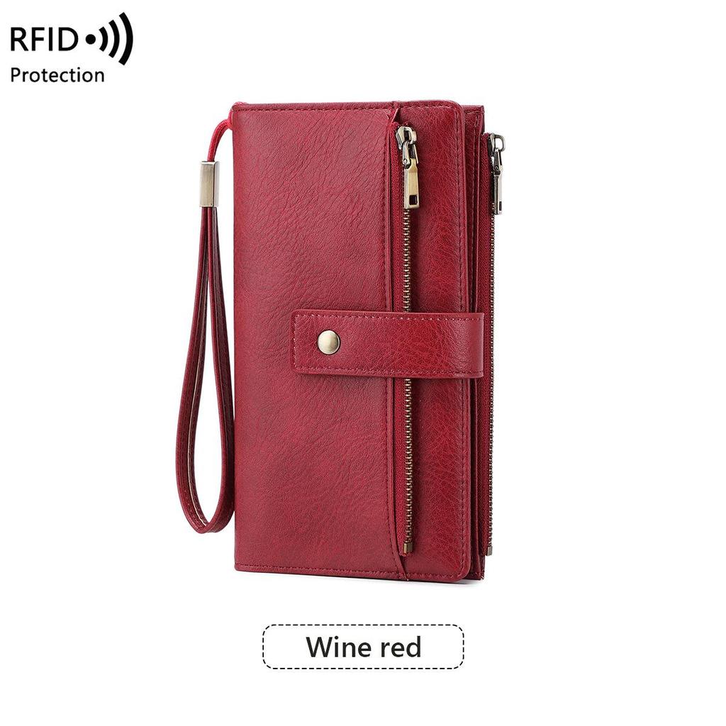 Dames RFID Anti-magnetische Lange Portemonnee: Retro Drievoudige Clutch met Meerdere Kaarthouders