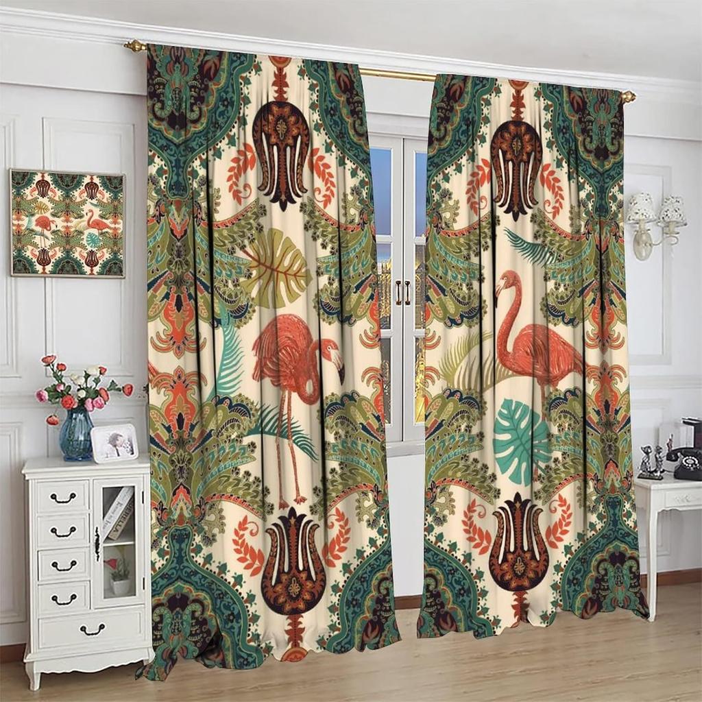 Bohemian Flamingo Vorhänge Boho Vintage Ethnisch Tropische Vögel Design Fensterdekoration Wohnzimmer Weinrot Hu Vorhang mit Verdunkelung Polyester Perfekt