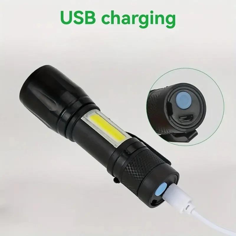 Powerful Mini LED Flashlight COB XPE Zoom Torch Built-in Battery USB Rechargeable with Pen Clip for Outdoor Camping Hiking Emergency Daily Use Light