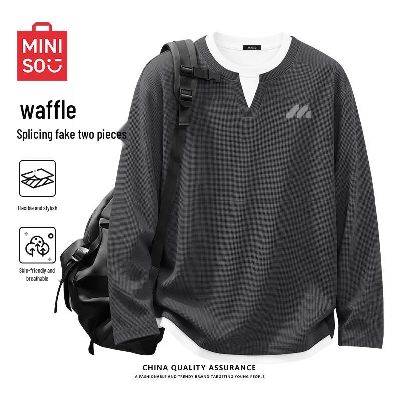 MINISO Men's Waffle Knit Faux Layered Long Sleeve T-Shirt