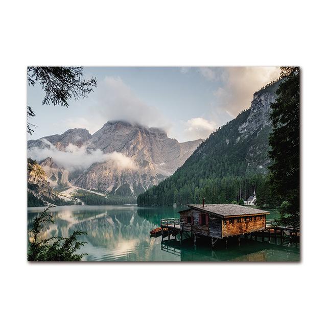 Snow Mountain Canvas Print Painting Nordic Aurora Lake River Scandinavian Forest Boat Landscape Poster Modern Picture Home Decor