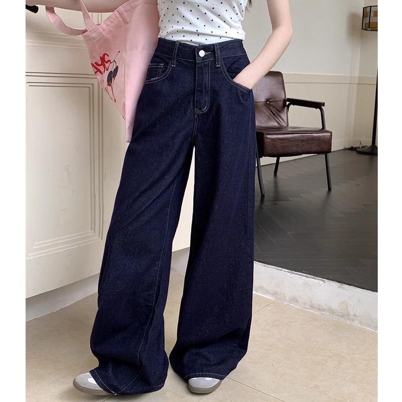 Petite High-Waisted Dark Blue Wide-Leg Drapey Jeans for Women Medium