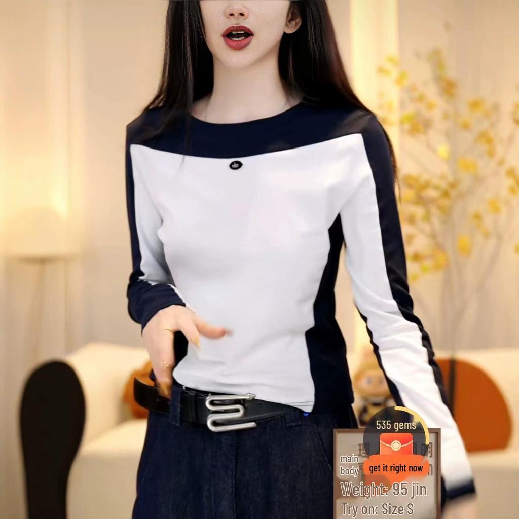 Autumn/Winter 2025 Women's Colorblock Slim Fit Long Sleeve T-Shirt