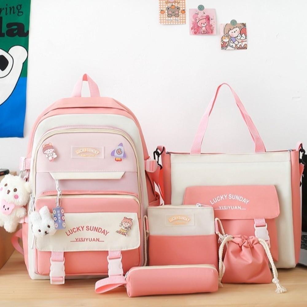 Set di 5 Nuovi Zaini di Grande Capacità Traspiranti con Fibbia Borsa Scolastica per Studenti Astuccio Multifunzionale Scuola
