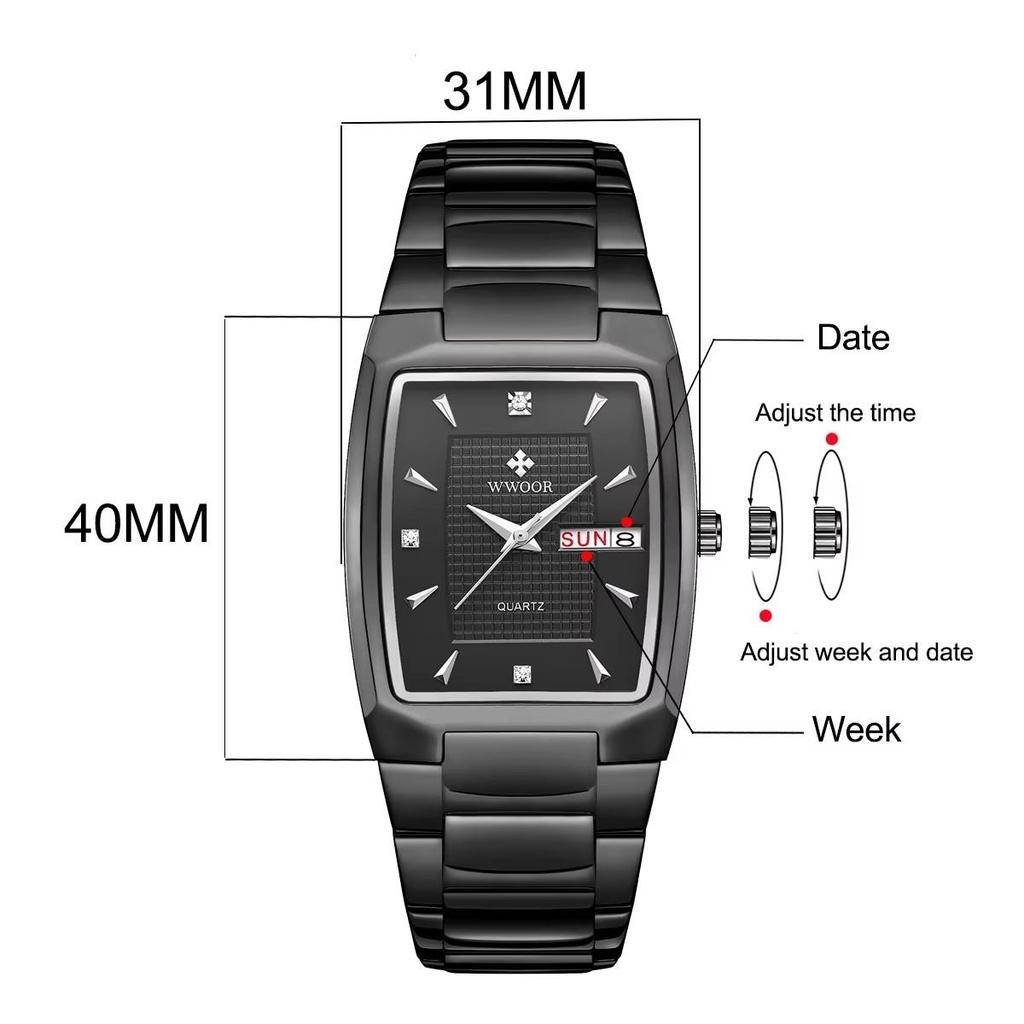 WWOOR Luxury Business Men Watches Gold Quartz Stainless Steel Sport Clock Waterproof Week and Date Wrist Watches