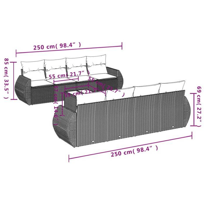 VidaXL Salon de Jardin avec Coussins 9 pcs, Canapés de Terrasse, Ensemble de Meubles de Patio, Mobilier d'Extérieur, Gris 3221149