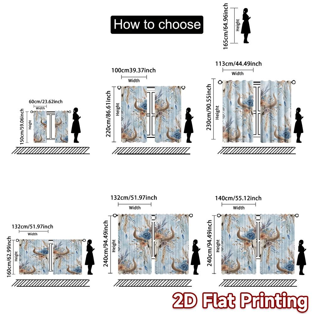 2D FLAT PRINTING 2pcs Curtains (Without Rod) Floral Bull Skull Design Popular Fashionable Curtains Versatile Durable Polyester