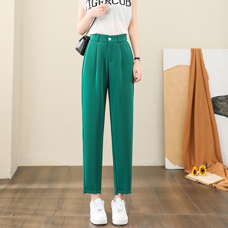 

Маленький костюмные брюки для женщин на лето тонкие с высокой талией повседневные большого размера женские прямые брюки длиной девять точек брюки из ледяного шелка с широкими штанинами 3XL зелёный