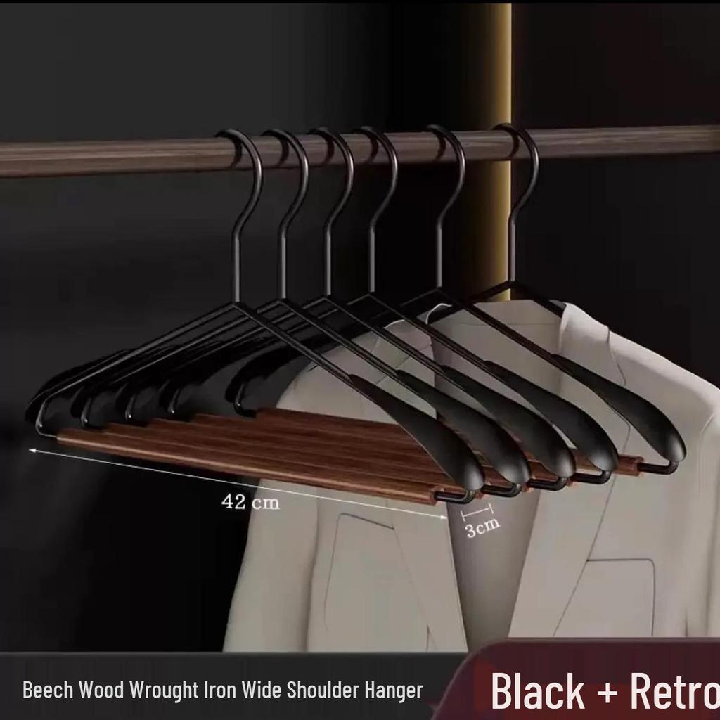 Nordic Style Iron & Beech Wood Luxury Clothes Hanger - High-Grade Solid Wood with Wide Shoulder and Anti-Corner Design.