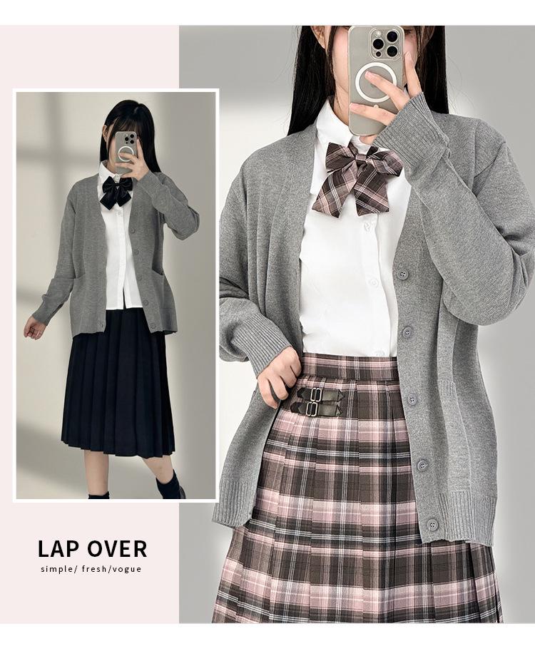 Japanese Style V-Neck Long Sleeve Knit Cardigan - Solid Color Academy Uniform